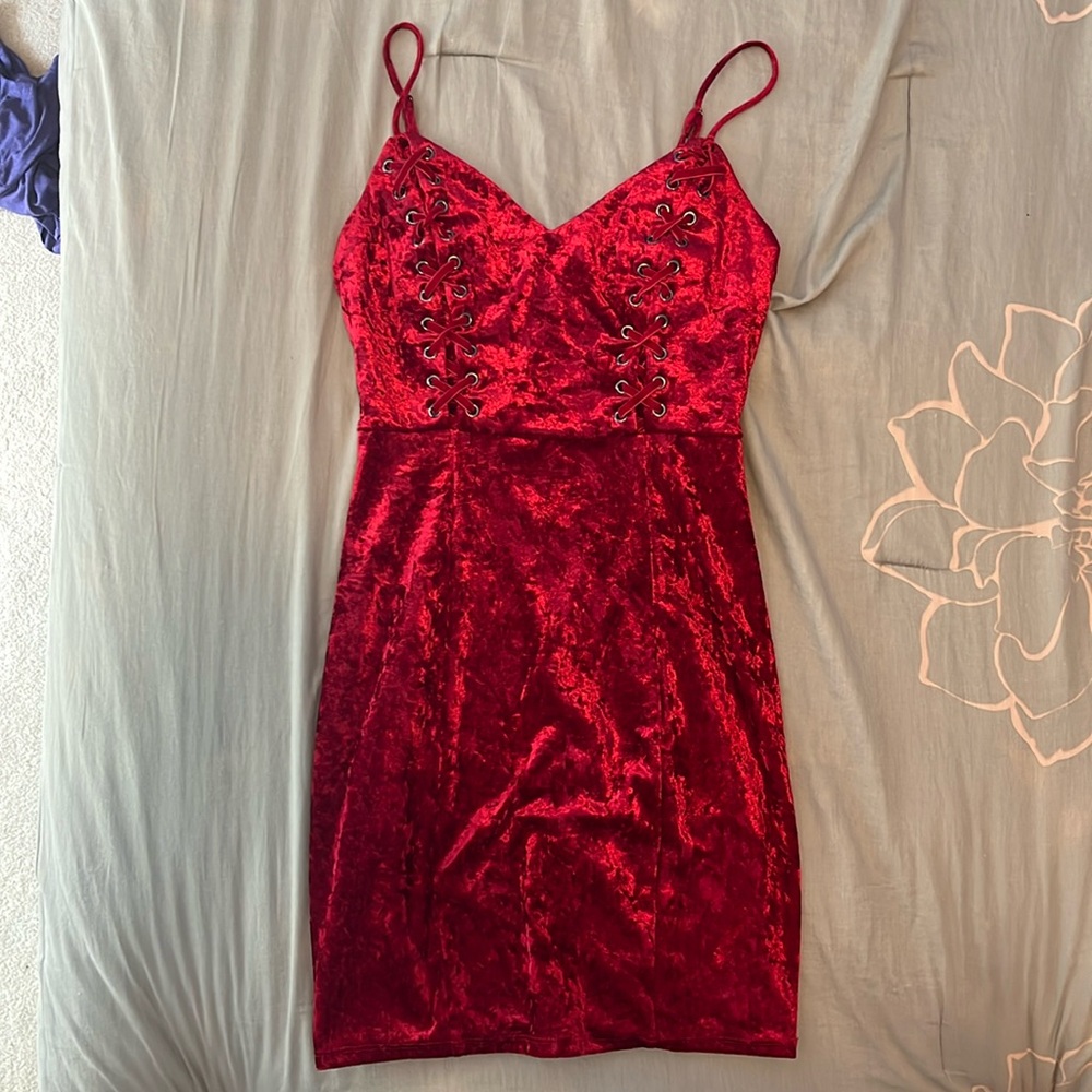 Red velvet mini dress